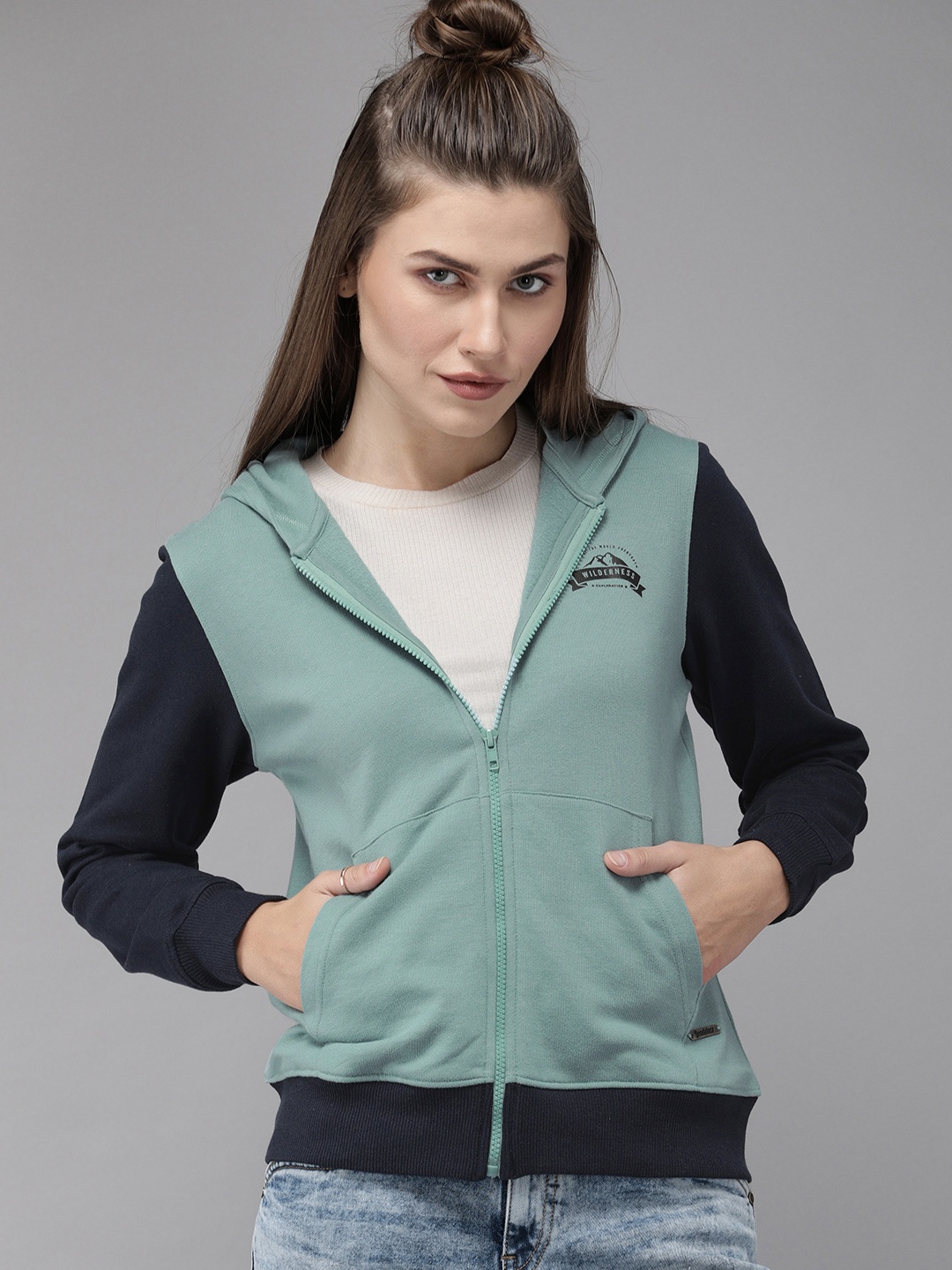 

Roadster GreenTurn Women Sea Green Solid Hooded Sustainable Sweatshirt