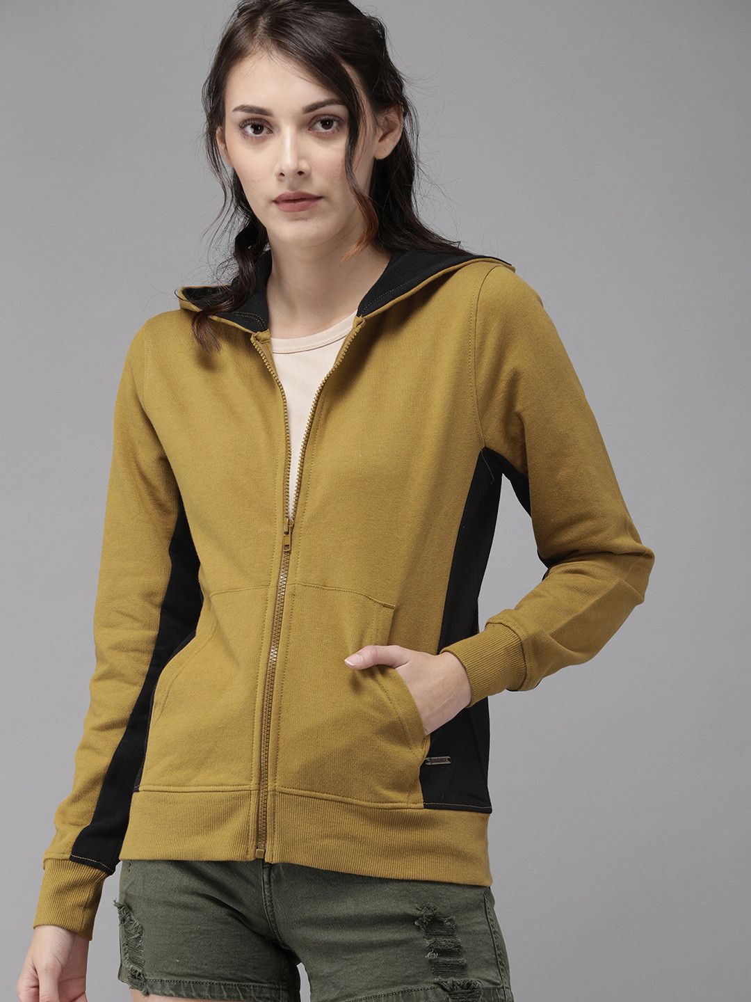 

Roadster GreenTurn Women Mustard Yellow Solid Hooded Sustainable Sweatshirt