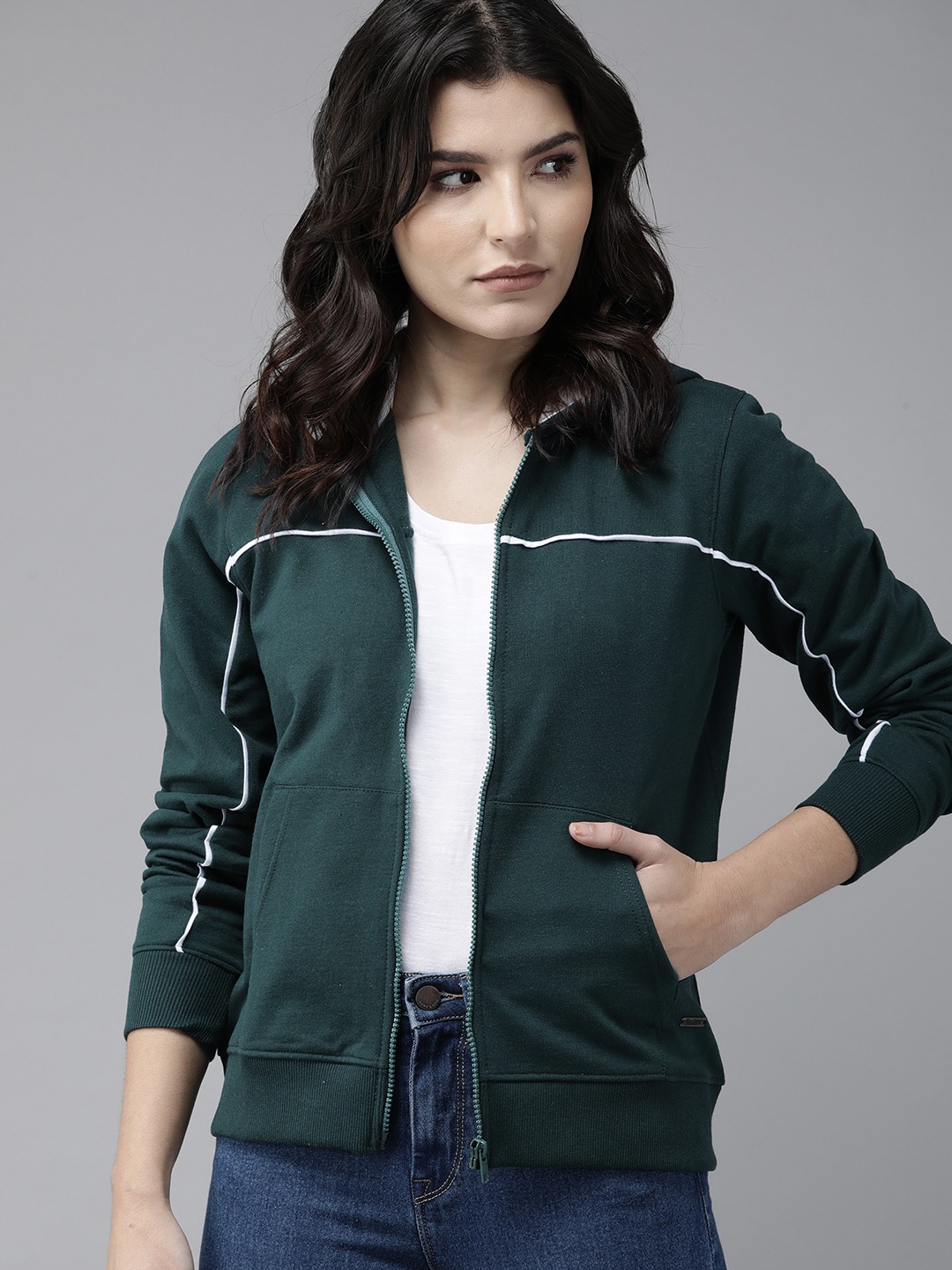 

Roadster Women Teal Green Solid Front-Open Hooded Sweatshirt With Contrast Details