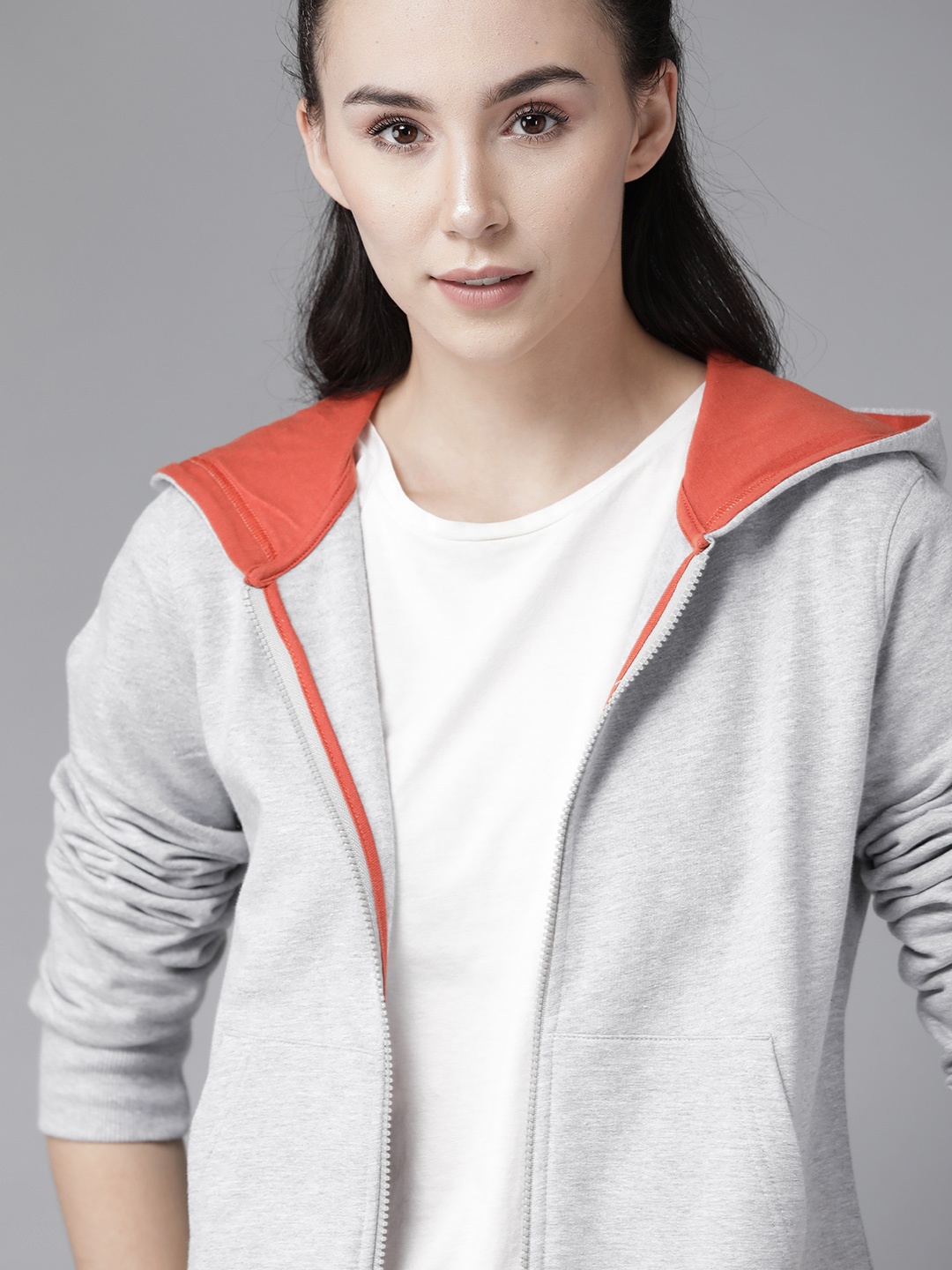 

Roadster Women GreenTurn Grey Melange Solid Hooded Sustainable Sweatshirt