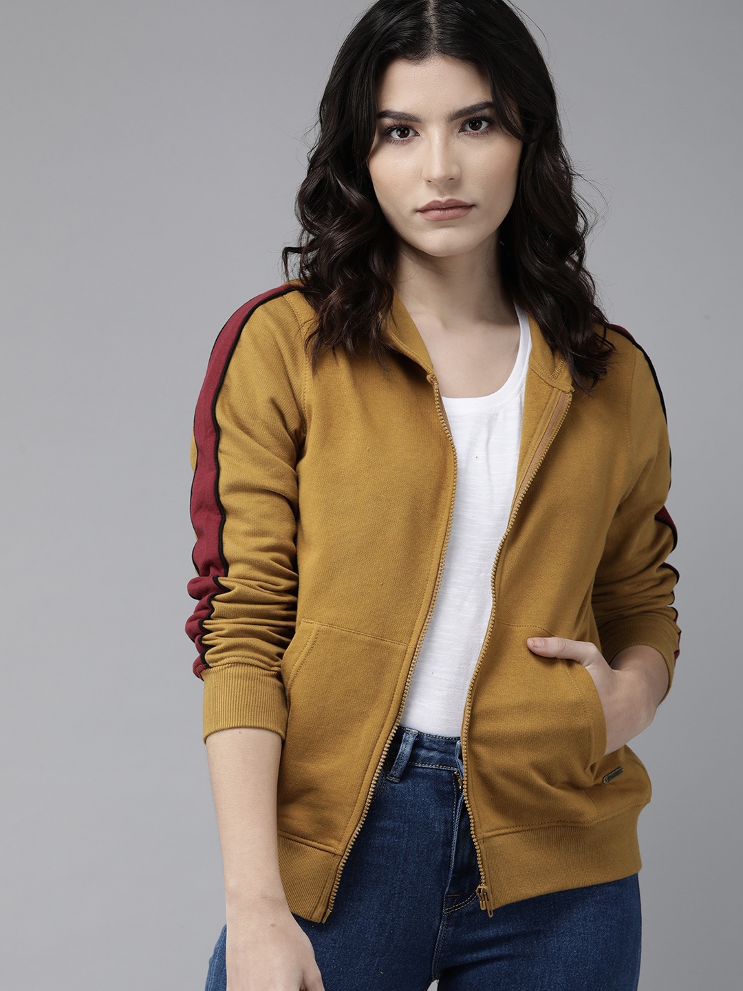 

Roadster Women Mustard Solid Front-Open Hooded Sweatshirt With Contrast Details
