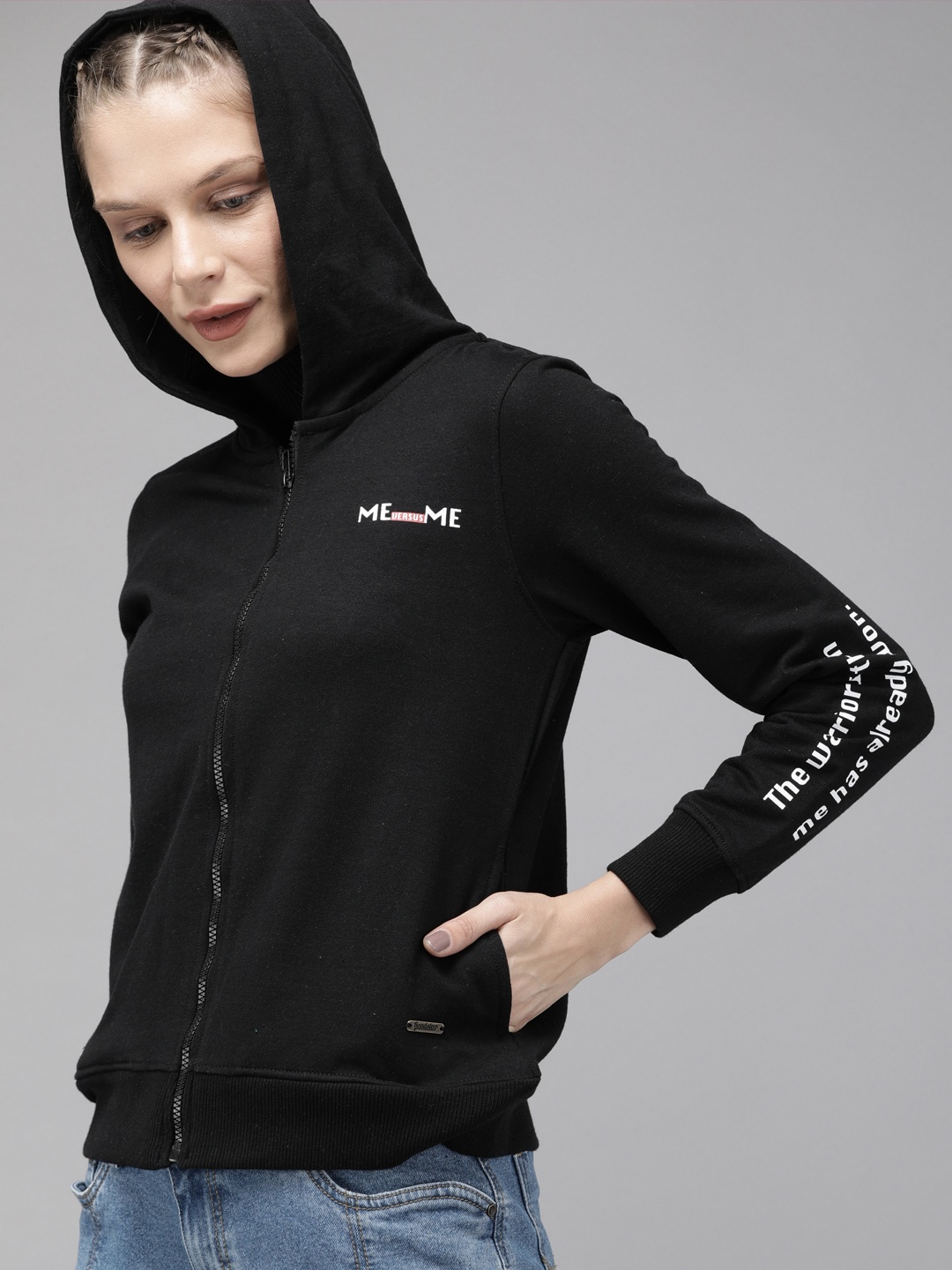 

Roadster Women Black Solid Hooded Sweatshirt