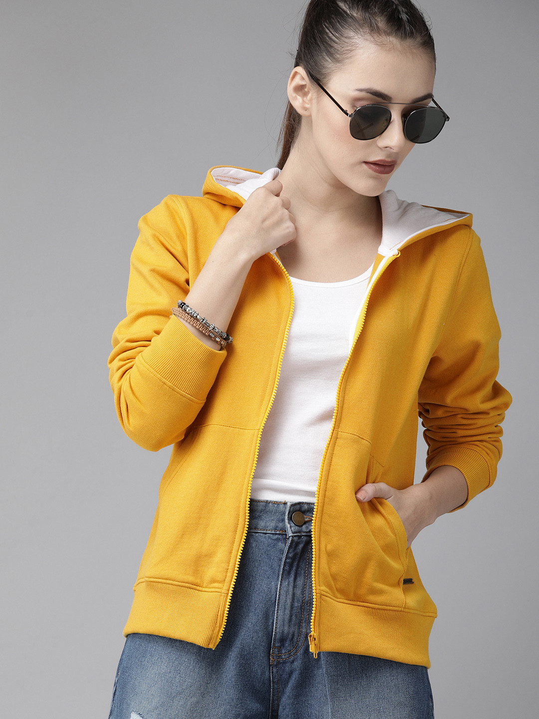 

Roadster Women Yellow Solid Greenturn Hooded Sustainable Sweatshirt