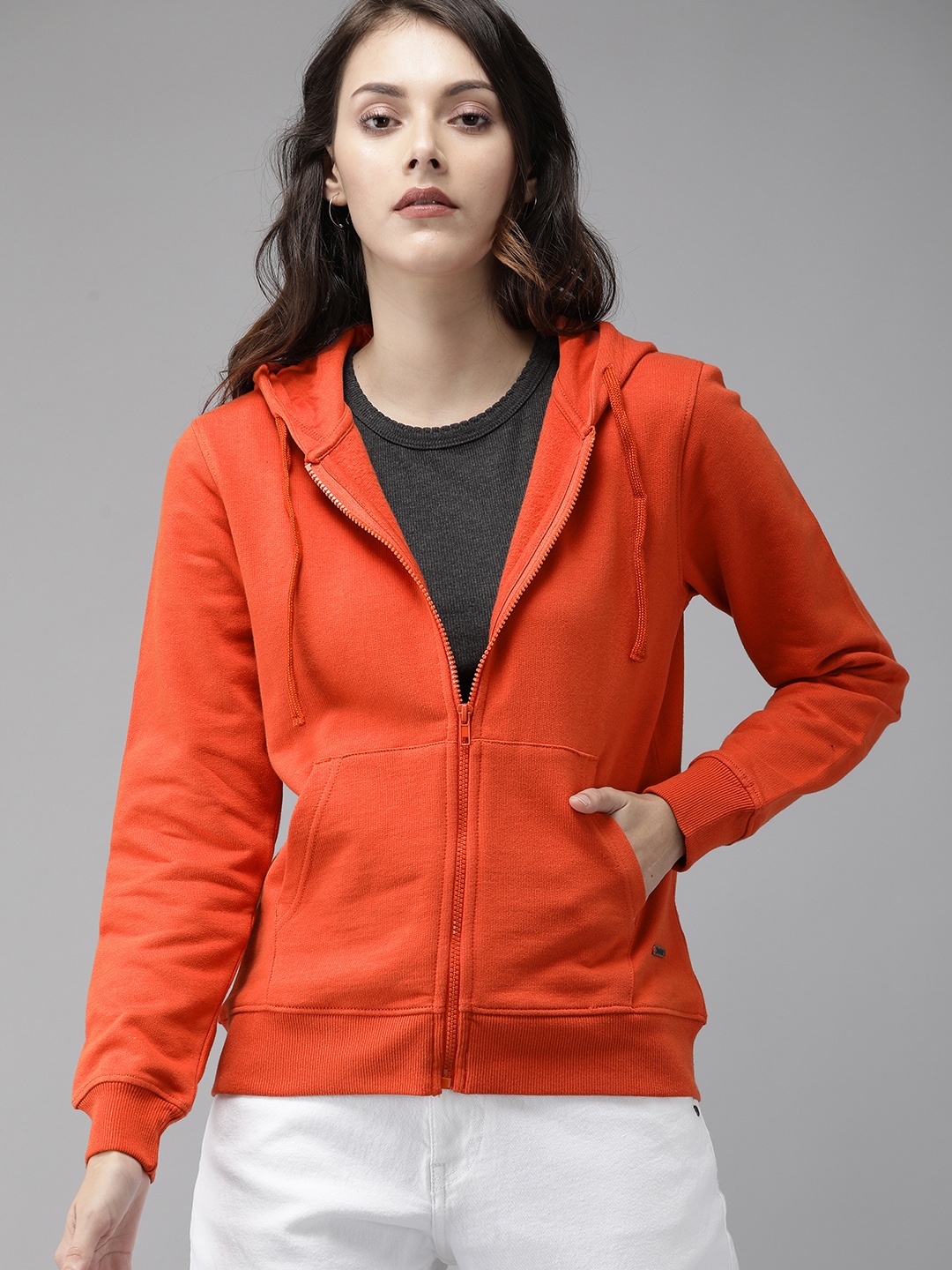 

Roadster GreenTurn Women Orange Solid Hooded Sustainable Sweatshirt