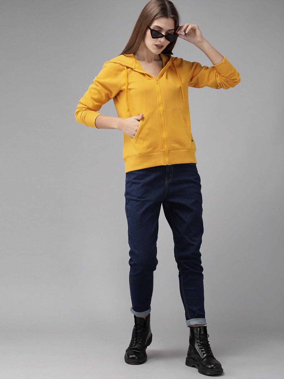 

Roadster Women Yellow Solid Hooded Front-Open Green Turn Sweatshirt