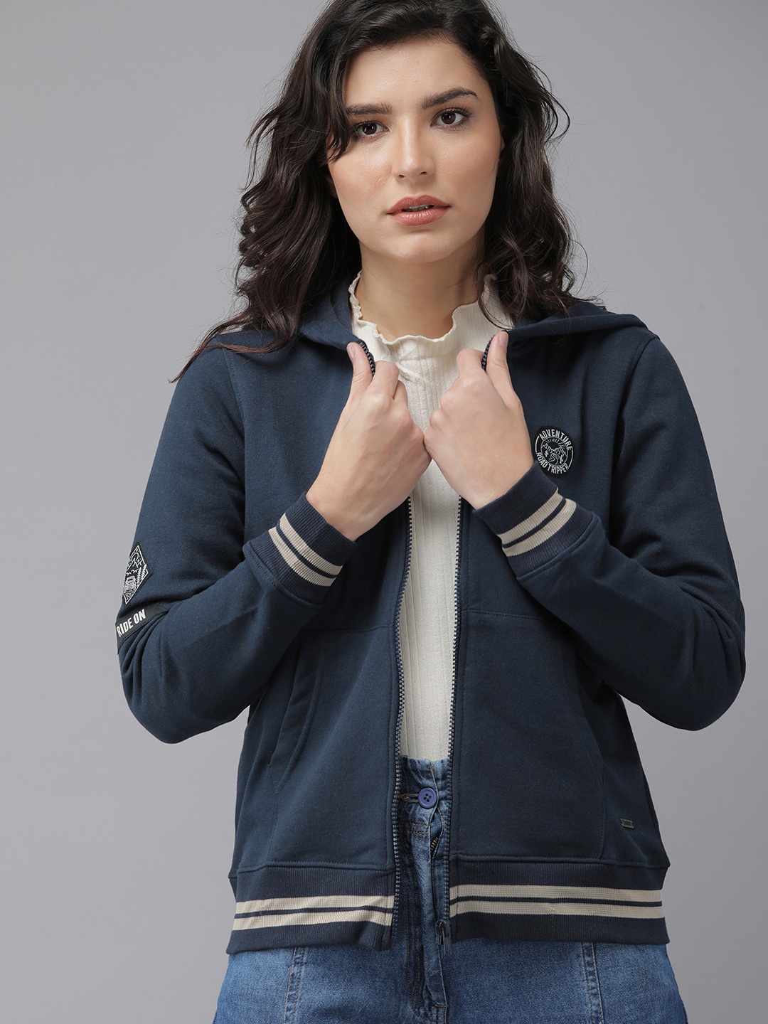 

Roadster Women Navy Blue Solid Hooded Sweatshirt
