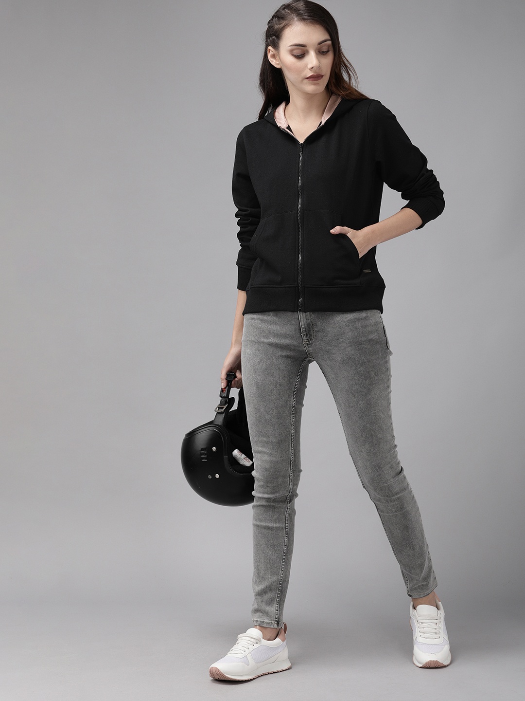 

Roadster GreenTurn Women Black Solid Hooded Recycled Poly Sustainable Sweatshirt