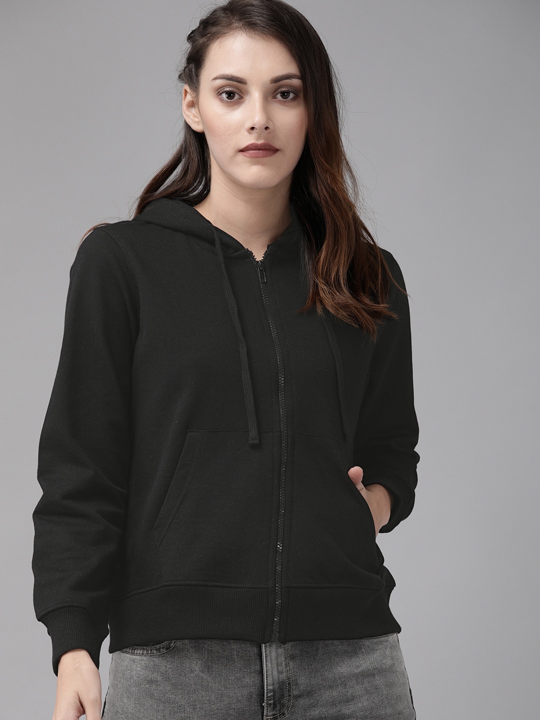 

Roadster Women Black Solid Hooded Front-Open Green Turn Sweatshirt