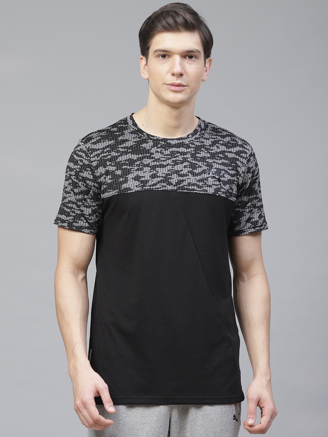 

Puma Men Black & Charcoal Grey AOP Vent Colourblocked Training T-shirt
