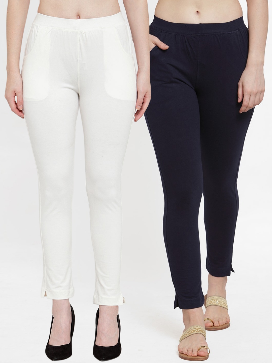 

TAG 7 Women Pack Of 2 Solid Straight-Fit Ankle-Length Leggings, Navy blue