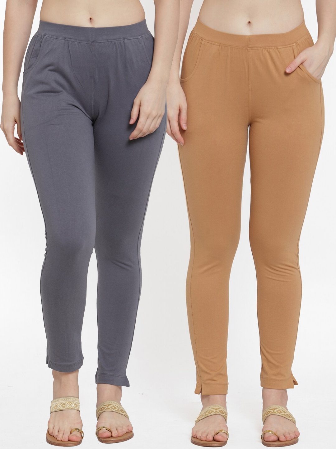 

TAG 7 Women Pack Of 2 Solid Straight-Fit Ankle-Length Leggings, Grey