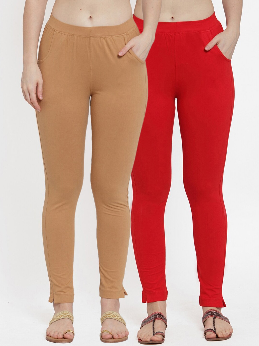 

TAG 7 Women Pack of 2 Solid Ankle-Length Leggings, Red