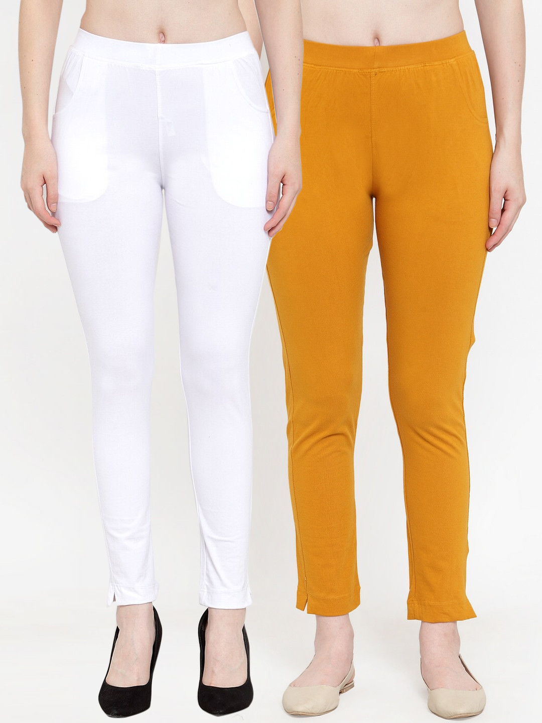 

TAG 7 Women Pack Of 2 Solid Ankle-Length Straight-Fit Leggings, Off white