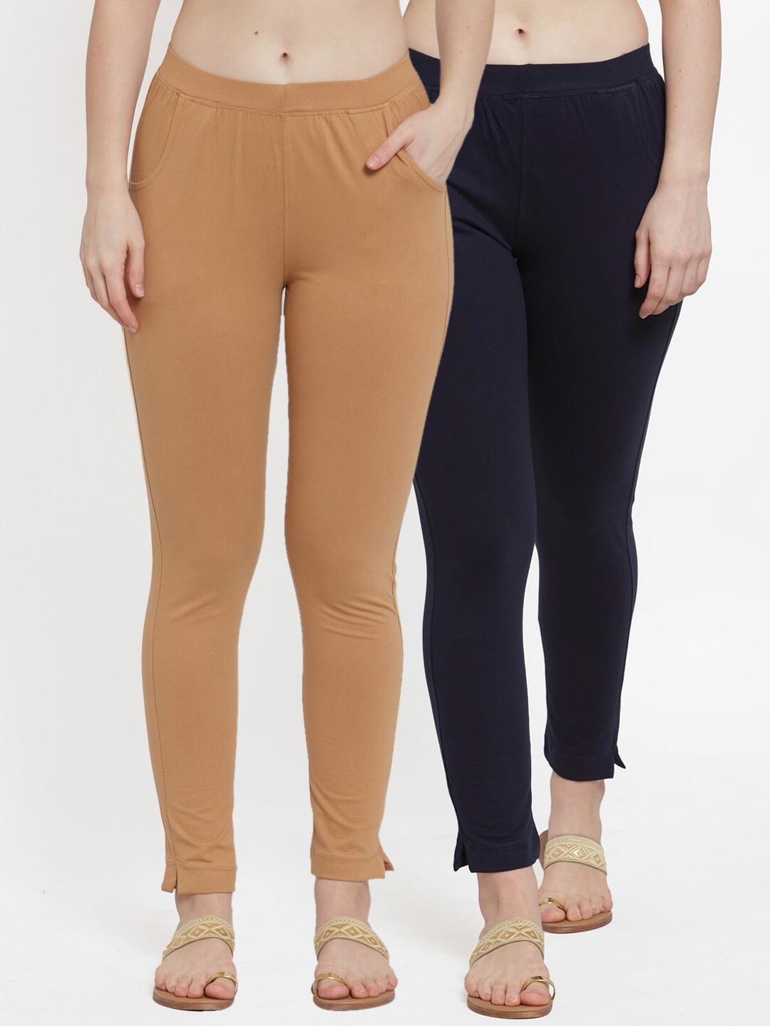 

TAG 7 Women Pack Of 2 Solid Straight-Fit Ankle-Length Leggings, Beige