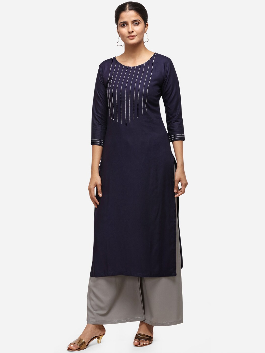 

Silk Bazar Women Navy Blue & White Yoke Design Straight Kurta