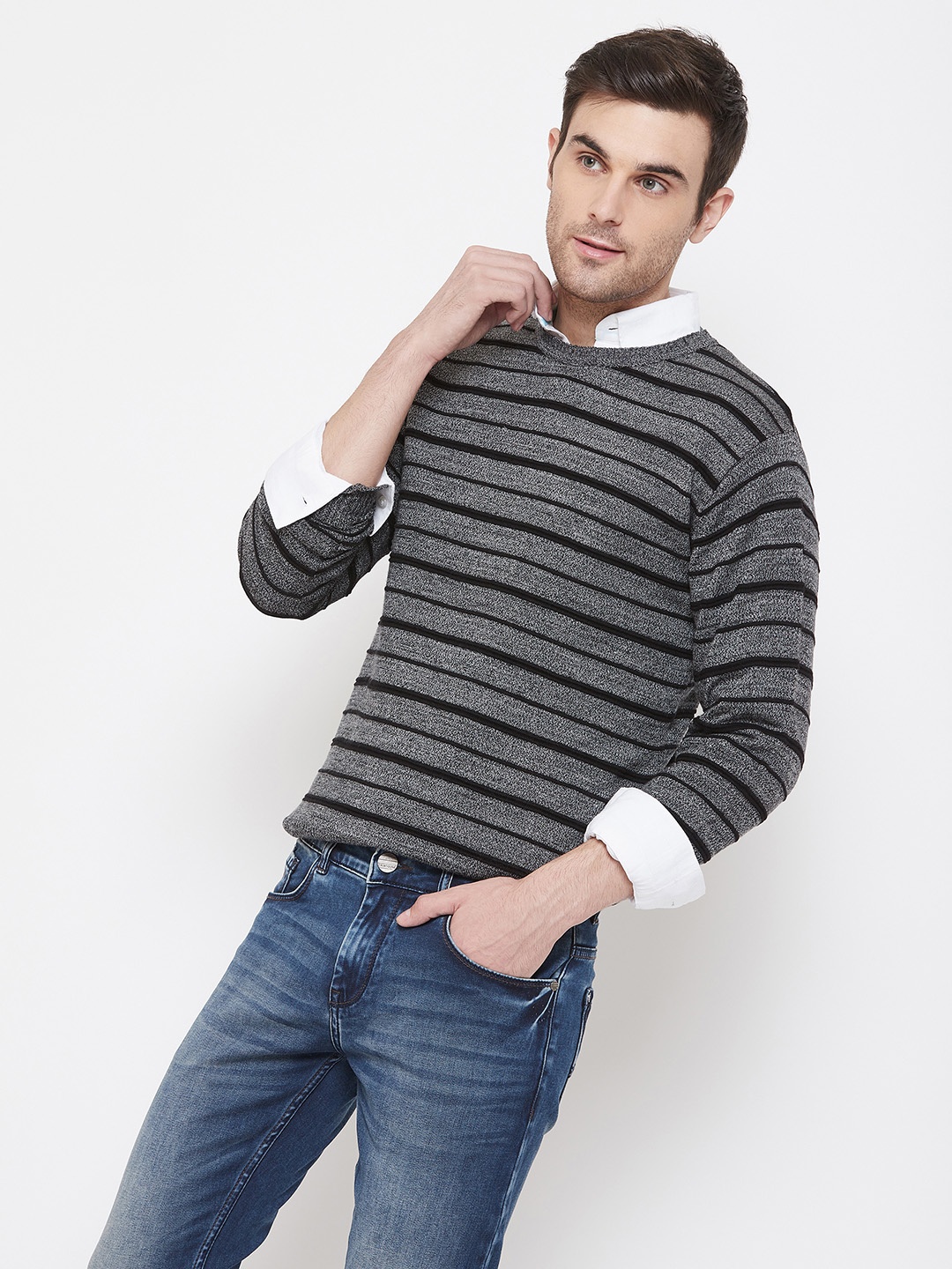 

Crimsoune Club Men Grey & Black Striped Pullover Sweater