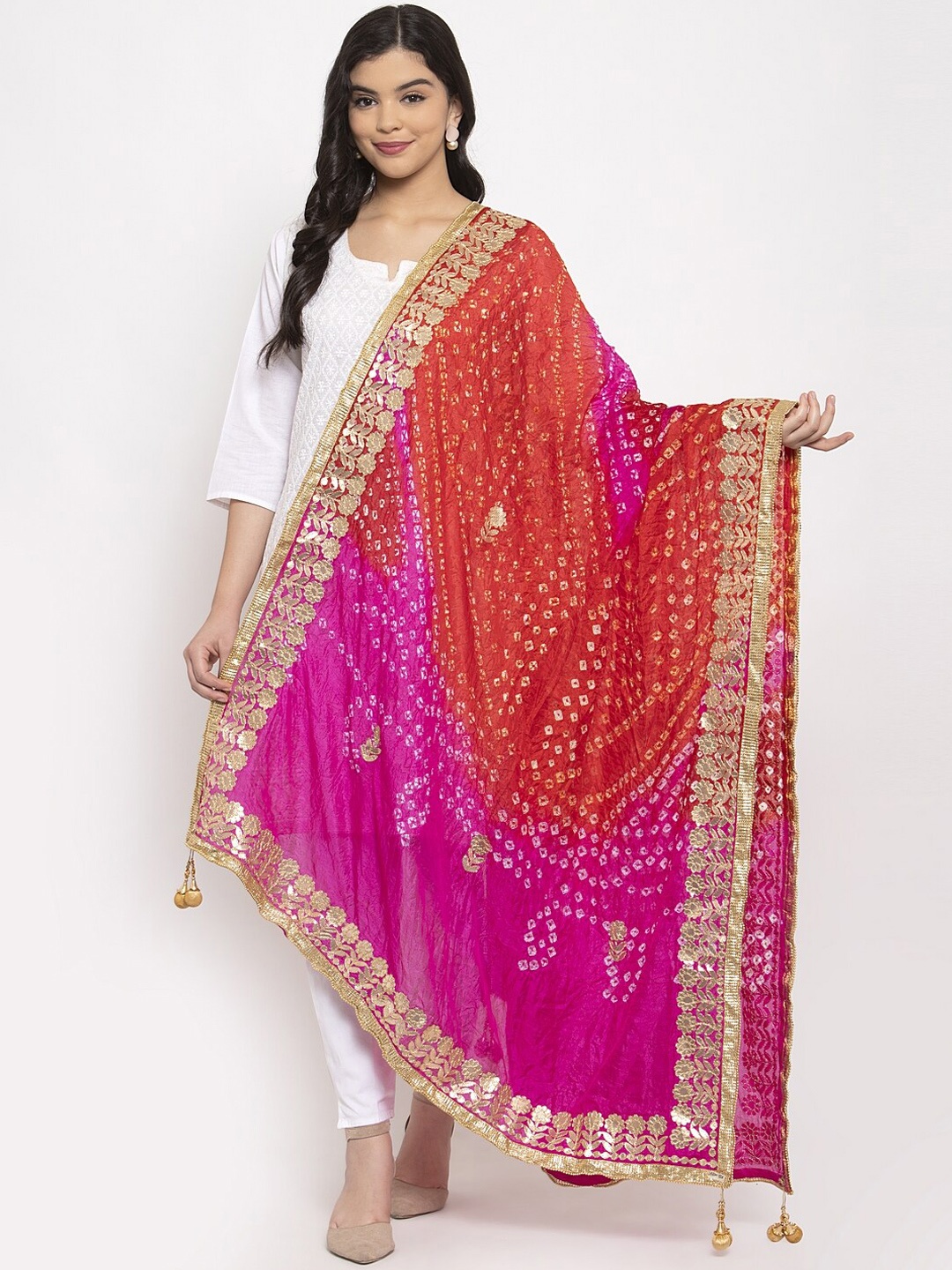 

Clora Creation Pink & Red Dyed Bandhani Gotta Patti Silk Dupatta