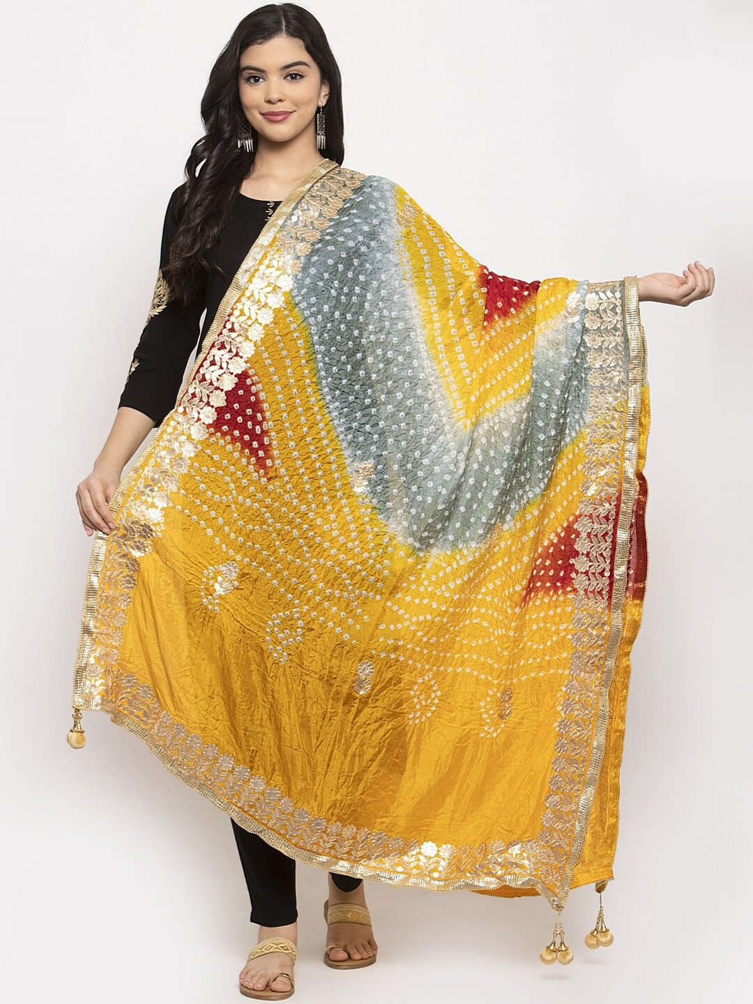 

Clora Creation Multicoloured Bandhani Gotta Patti Silk Dupatta with Embellished Border, Multi