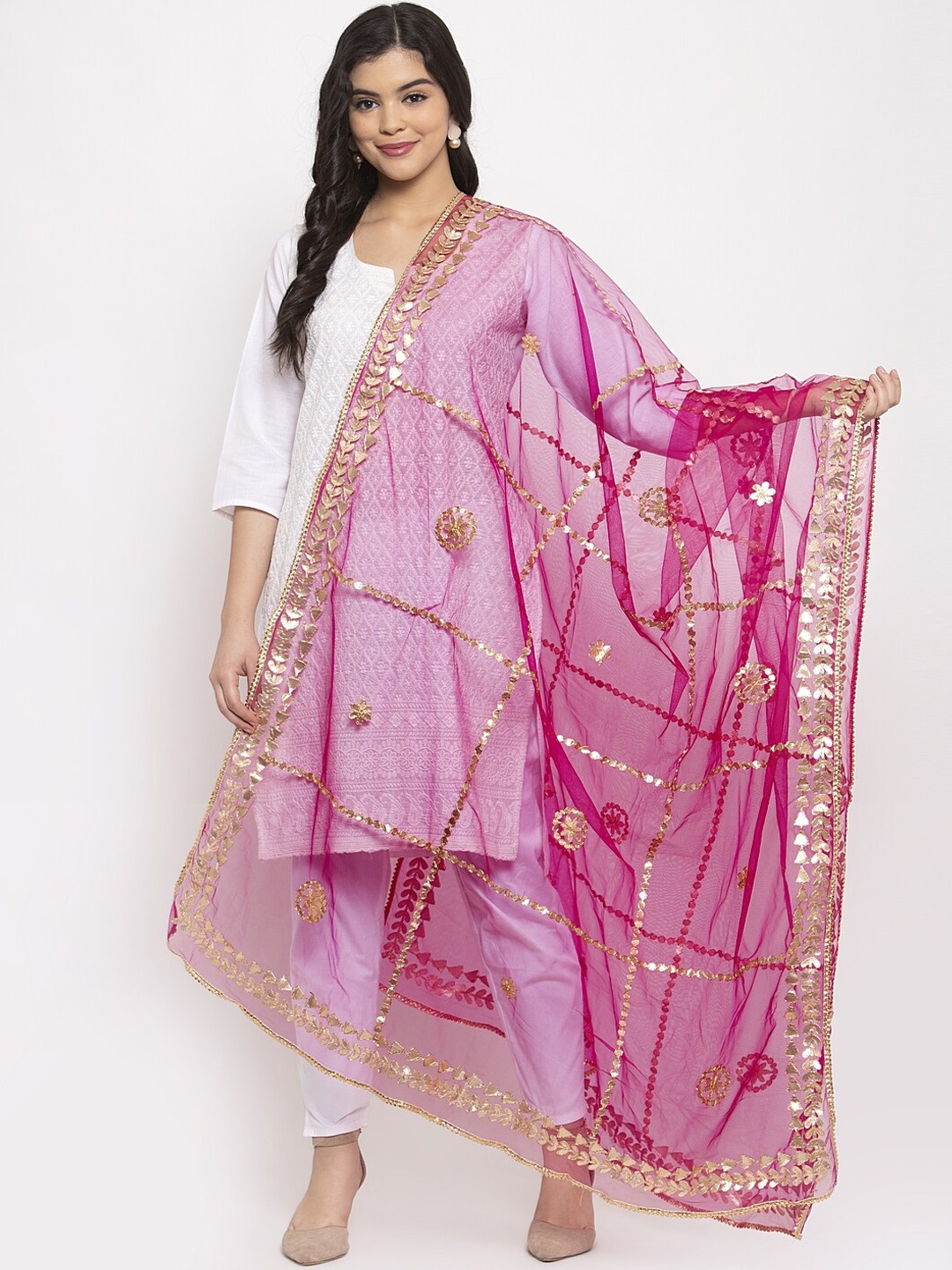 

Clora Creation Pink & Gold Gotta Patti Net Dupatta