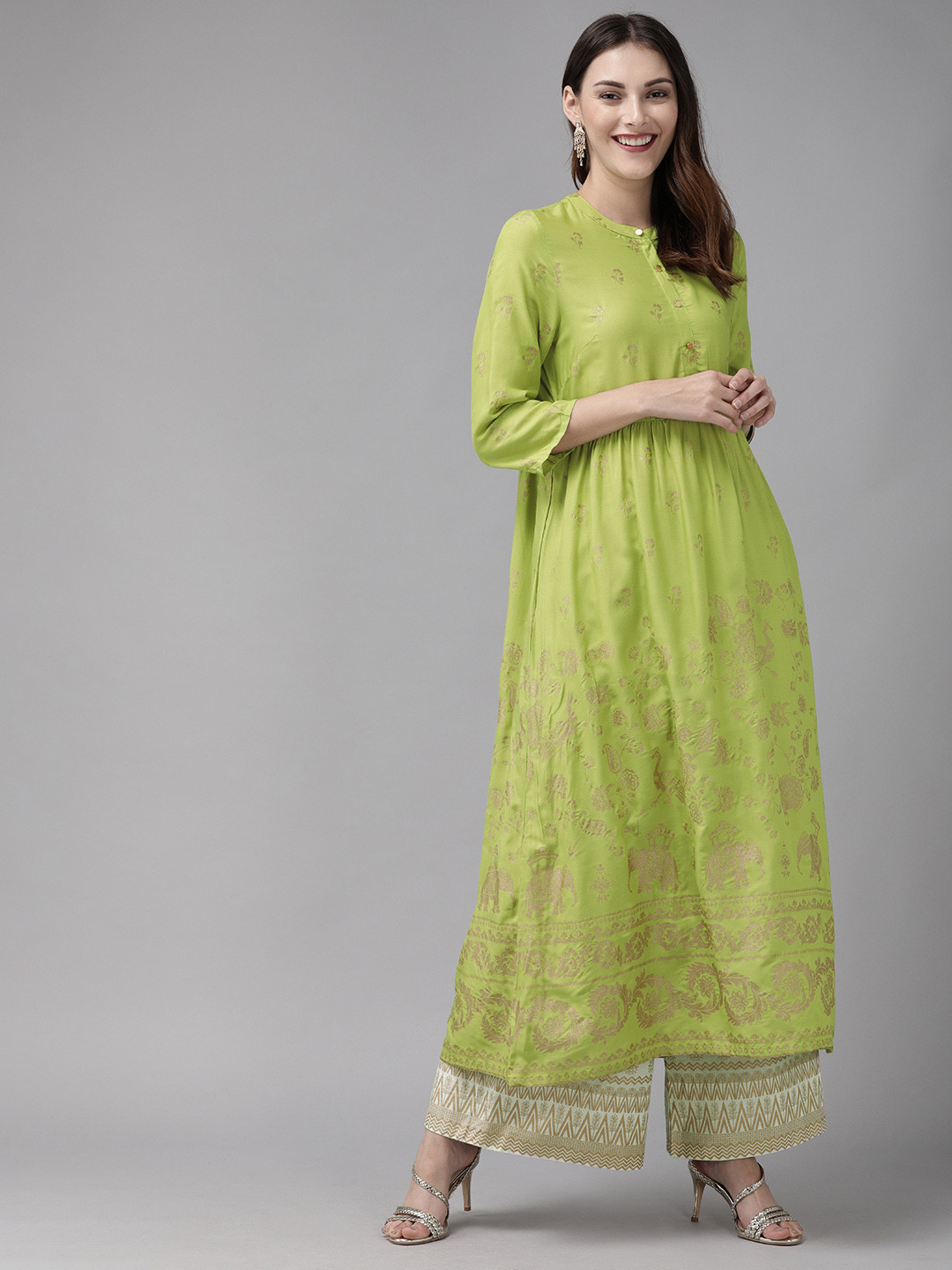 

Anouk Women Lime Green & Gold-Toned Foil Printed A-Line Kurta