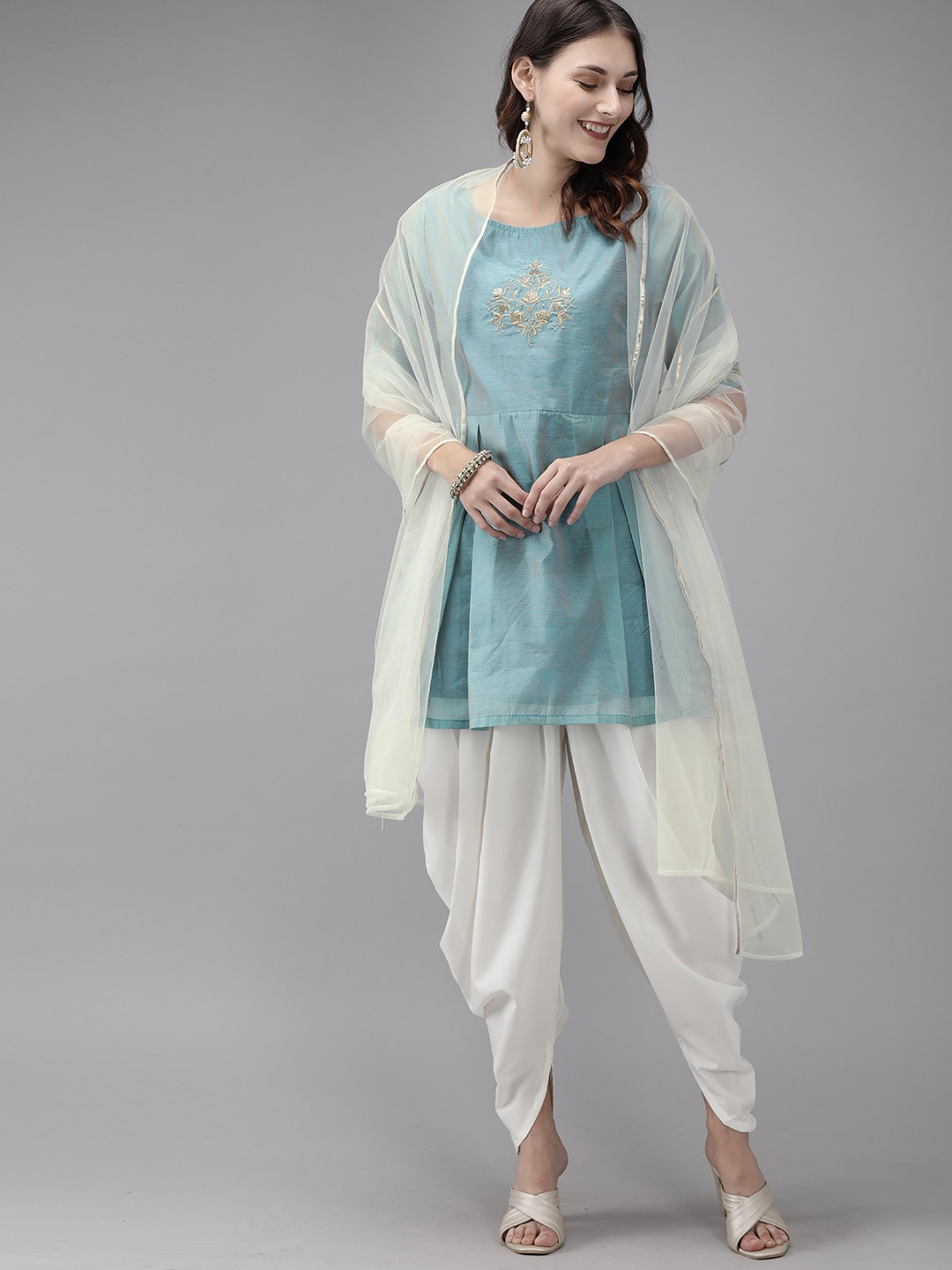 

Anouk Women Blue Yoke Design Kurta with Dhoti Pants & Dupatta