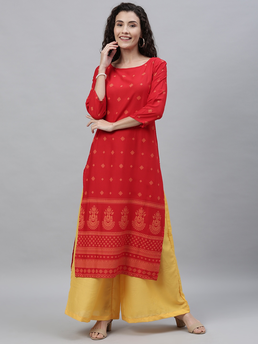 

Anouk Women Red & Mustard Yellow Printed Kurta with Palazzos