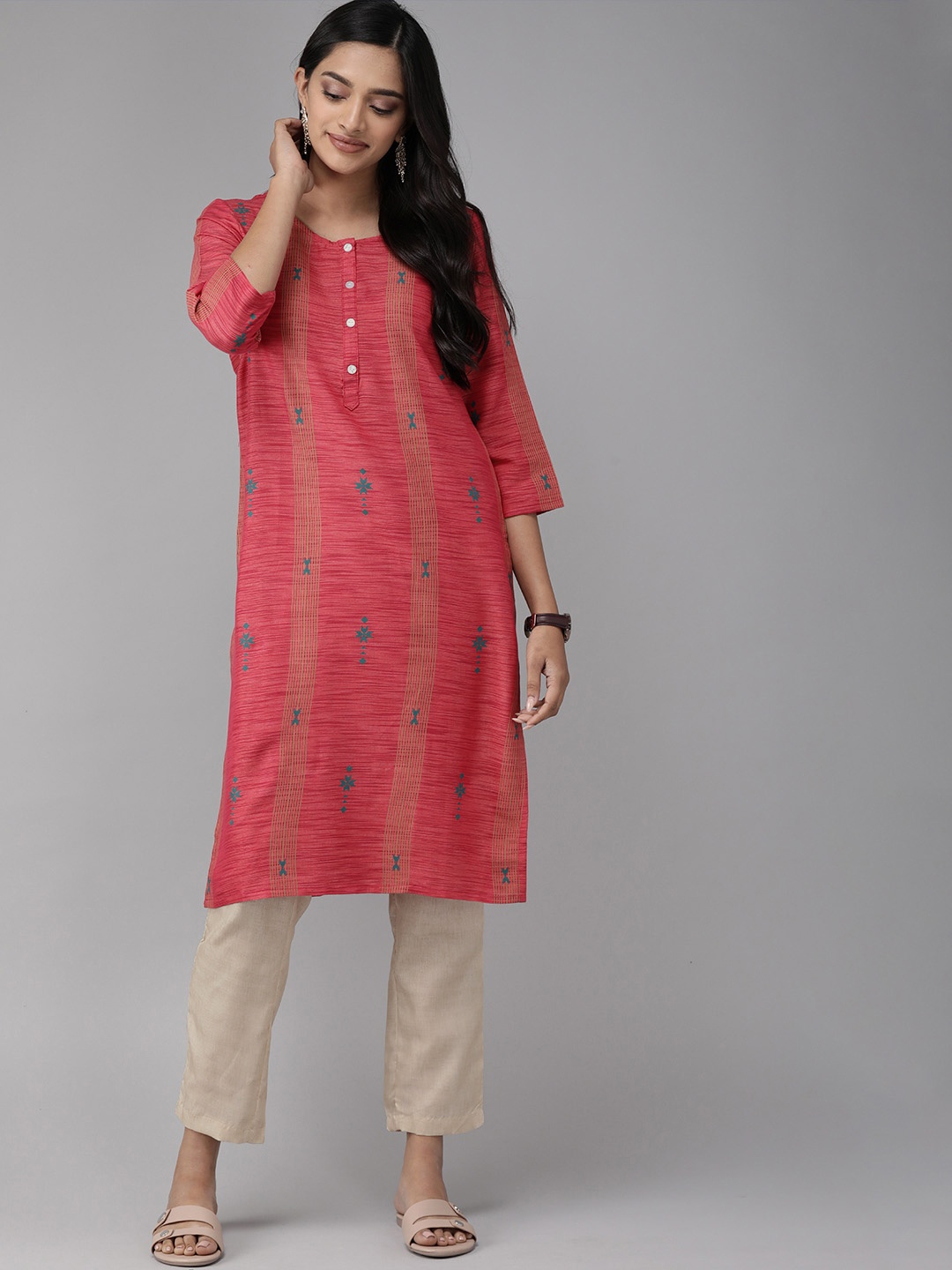 

Anouk Women Pink & Beige Printed Kurta with Trousers