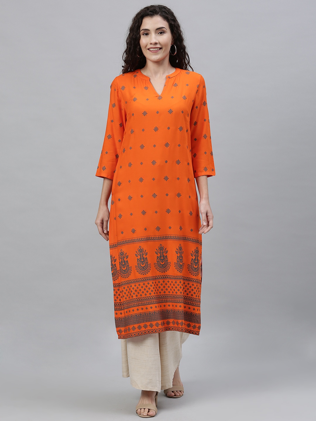 

Anouk Women Orange & Teal Blue Printed Kurta with Palazzos