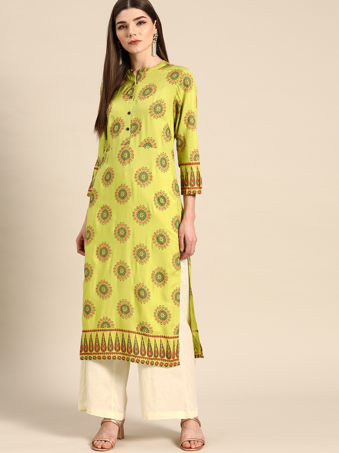 

Anouk Women Olive Green & Off-White Printed Kurta with Palazzos