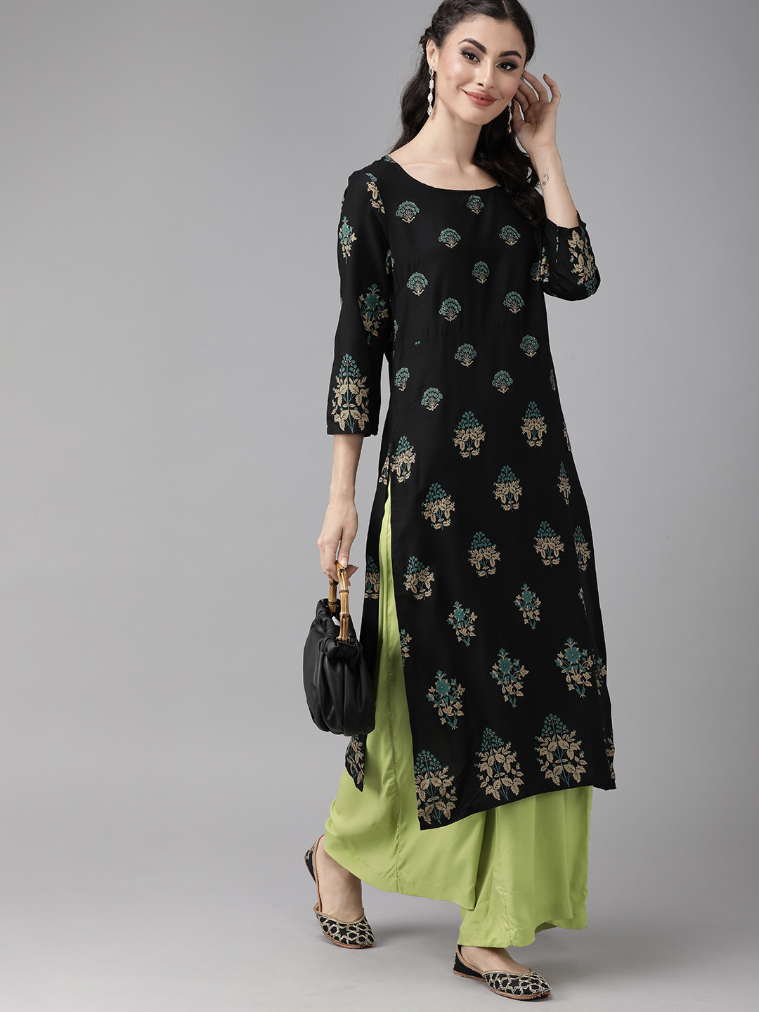 

Anouk Women Black & Olive Green Printed Kurta with Palazzos
