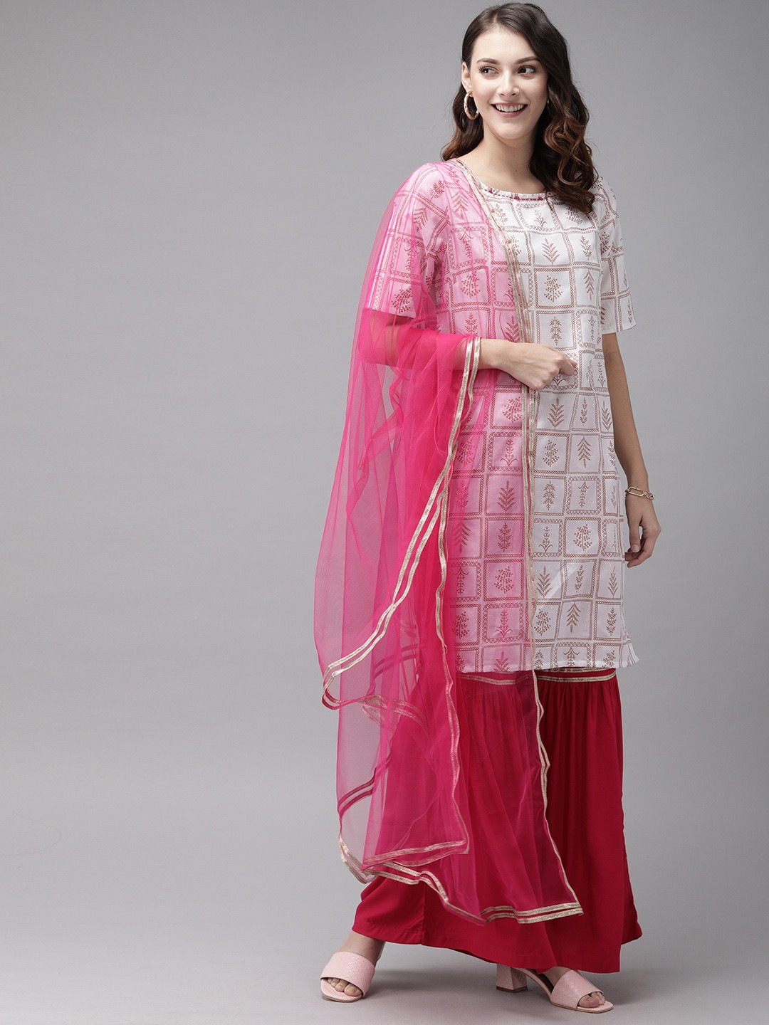 

Anouk Women Off-White & Pink Printed Kurta with Palazzos & Dupatta