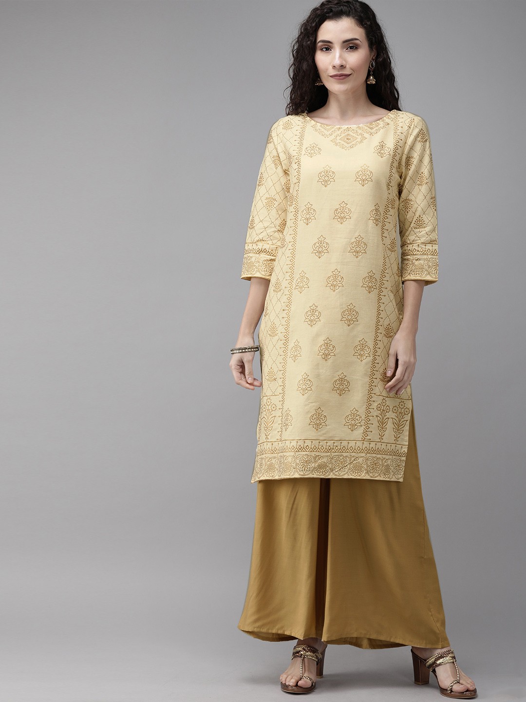 

Anouk Women Beige & Gold-Toned Printed Kurta with Palazzos
