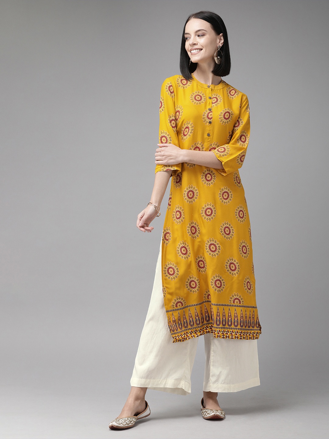

Anouk Women Mustard Yellow & Off-White Printed Kurta with Palazzos
