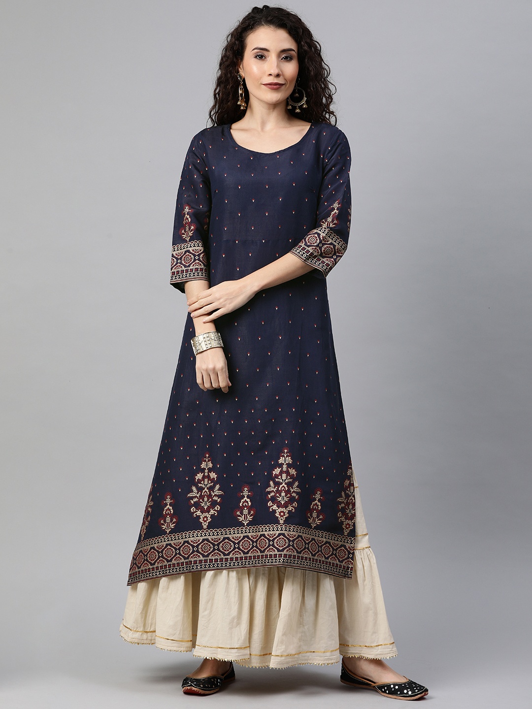 

Anouk Women Navy Blue & Gold-Toned Printed A-Line Kurta