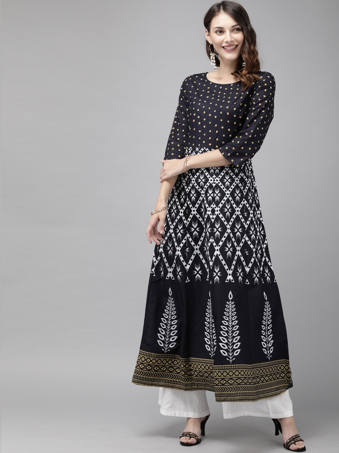 

Anouk Women Navy Blue & White Printed A-Line Kurta