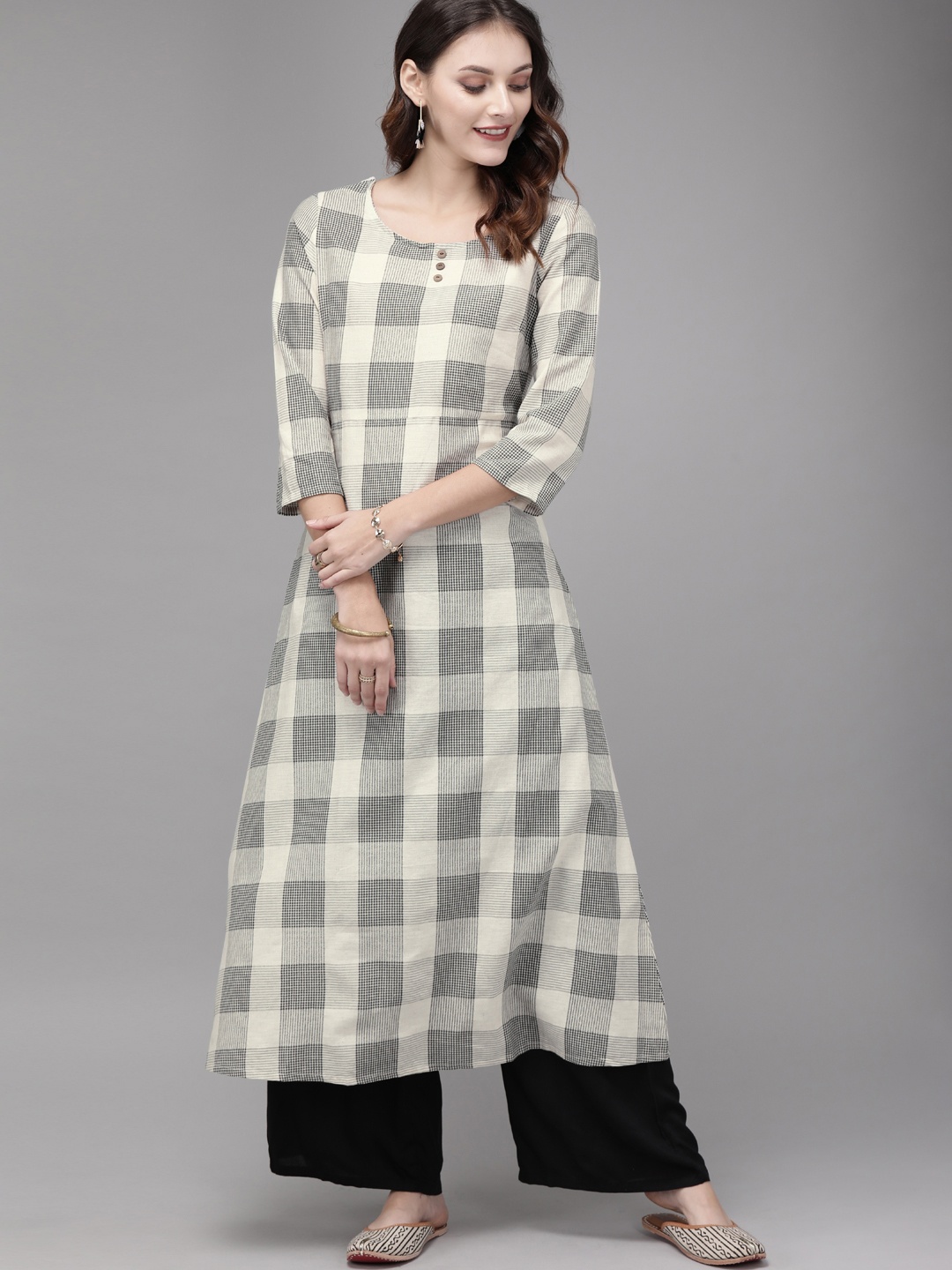 

Anouk Women Off-White & Black Checked A-Line Kurta