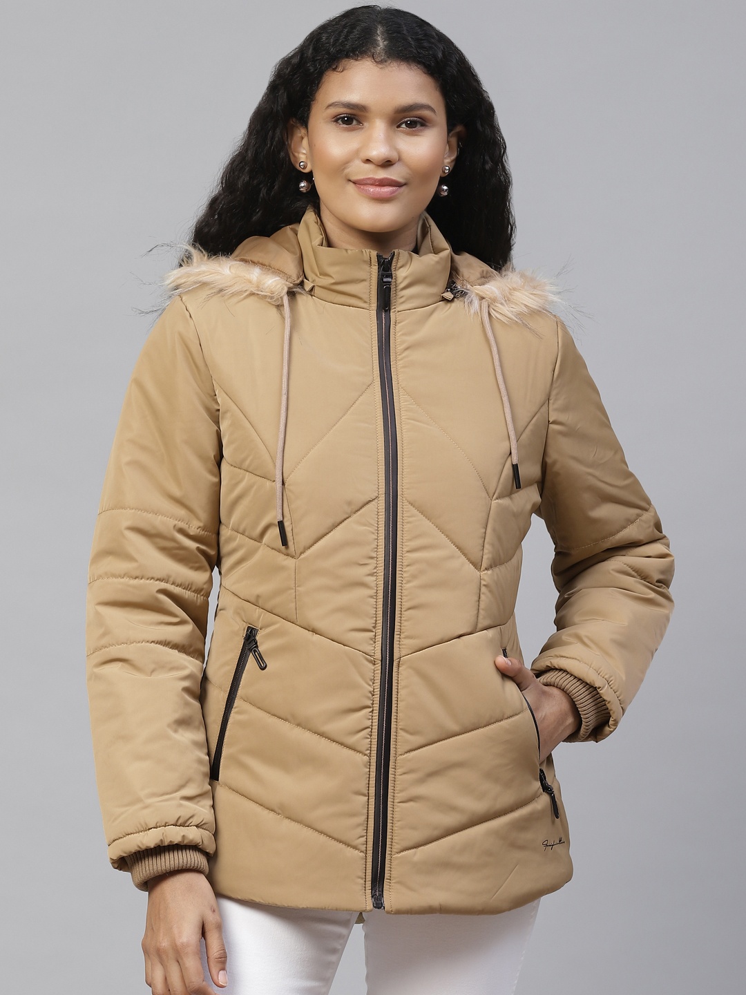 

Foreign Culture By Fort Collins Women Beige Solid Lightweight Parka Jacket
