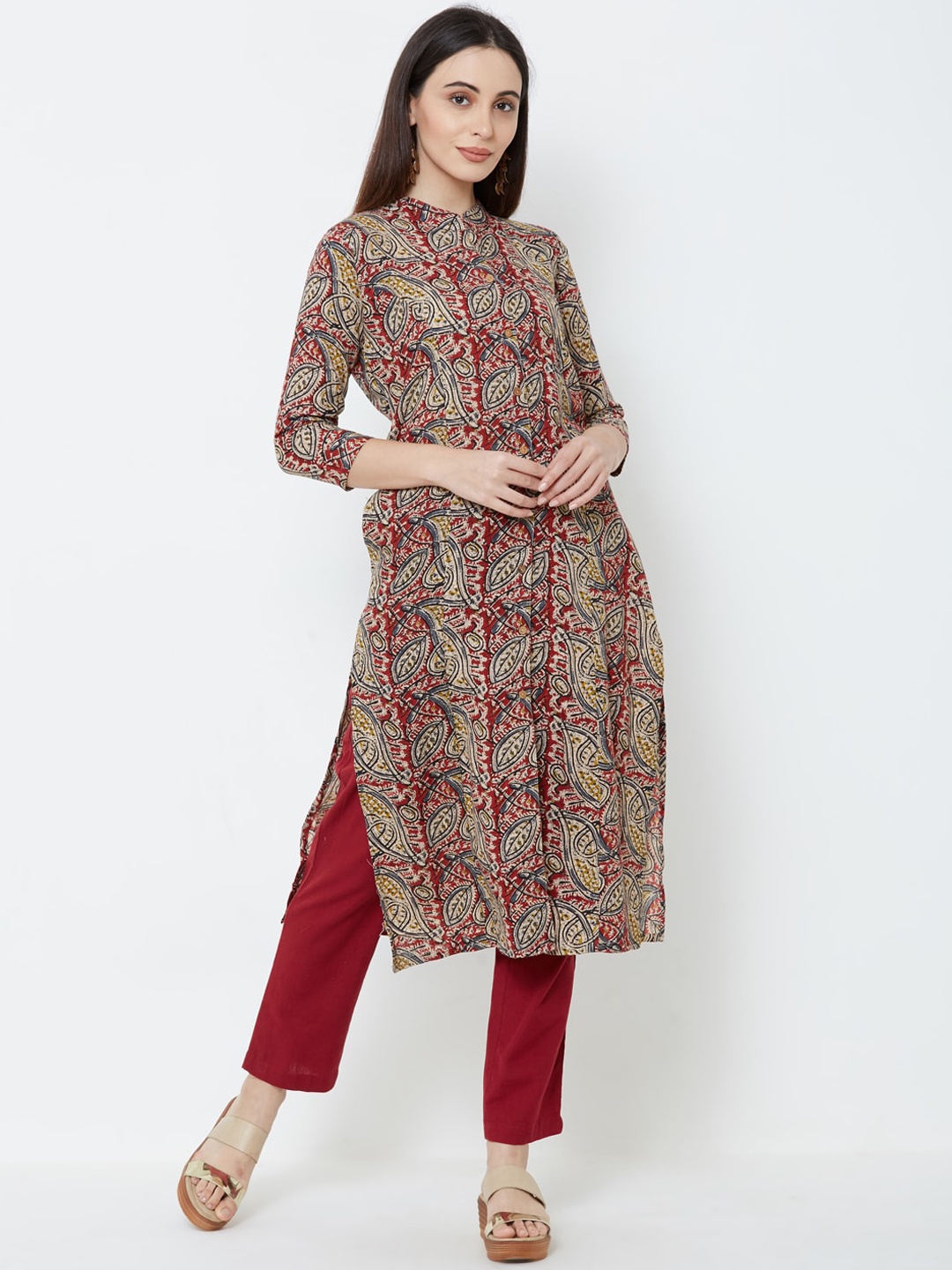 

FASHOR Women Red & Cream-Coloured Printed Straight Kurta