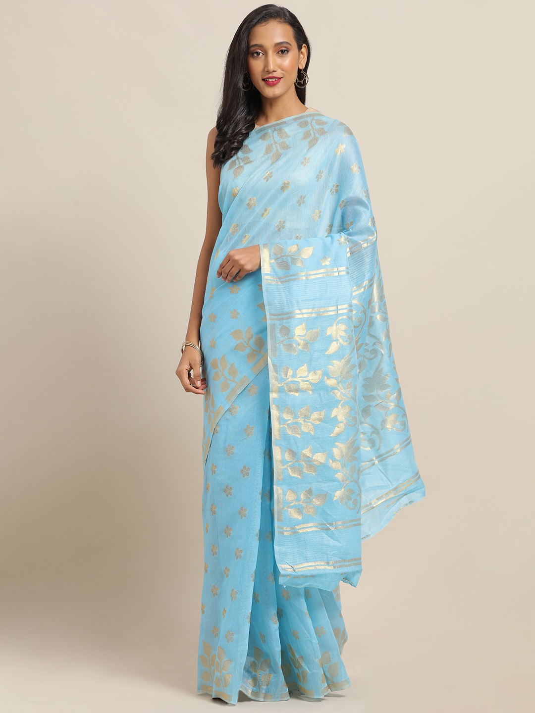 

VASTRANAND Blue & Silver-Toned Silk Cotton Printed Jamdani Saree