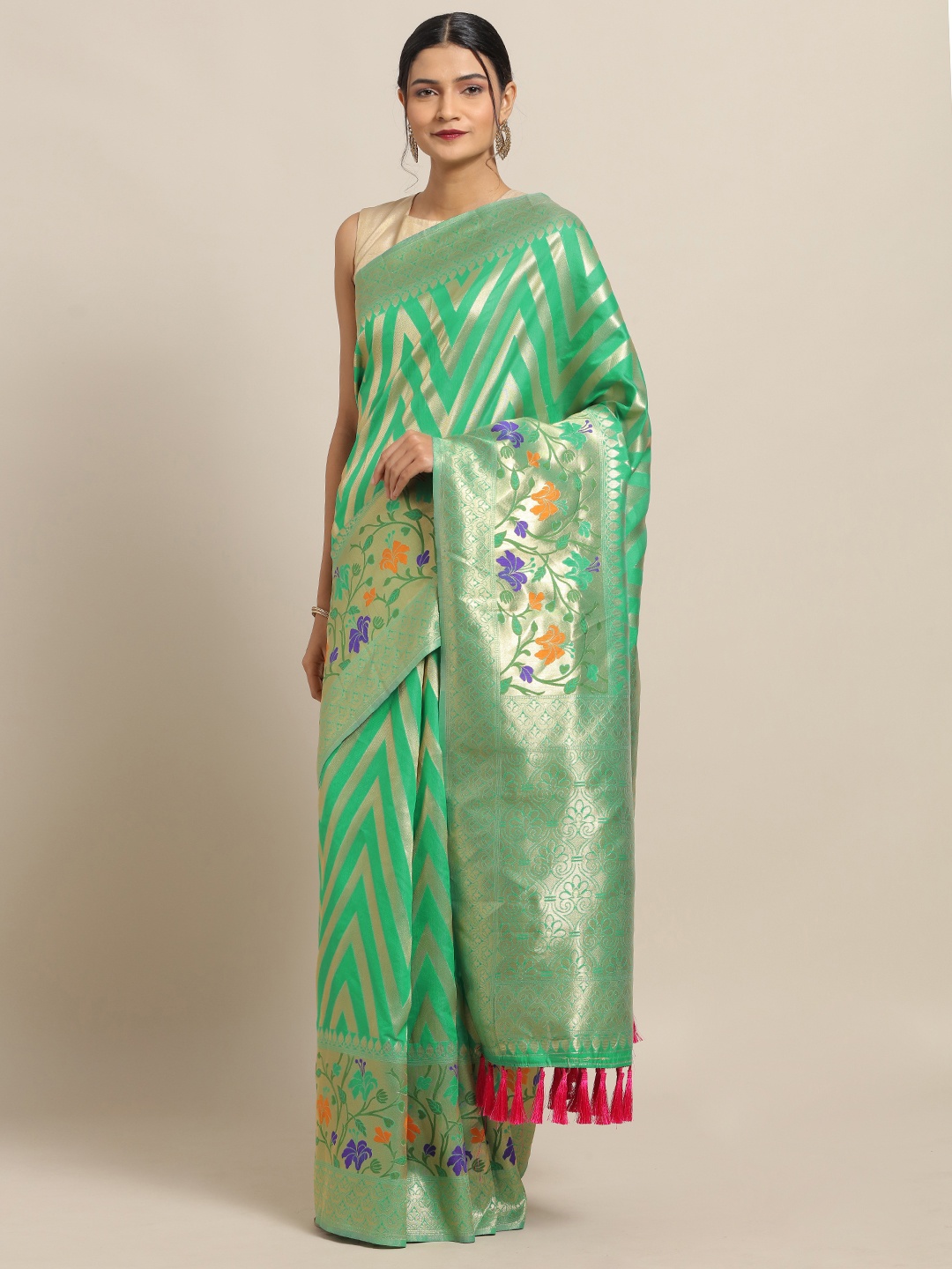 

VASTRANAND Green & Gold-Coloured Silk Cotton Printed Banarasi Saree