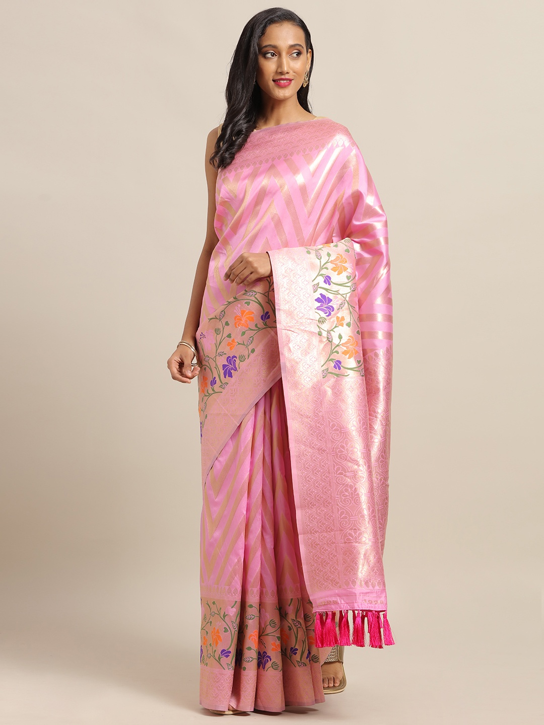 

VASTRANAND Pink & Gold-Toned Silk Cotton Woven Design Banarasi Saree