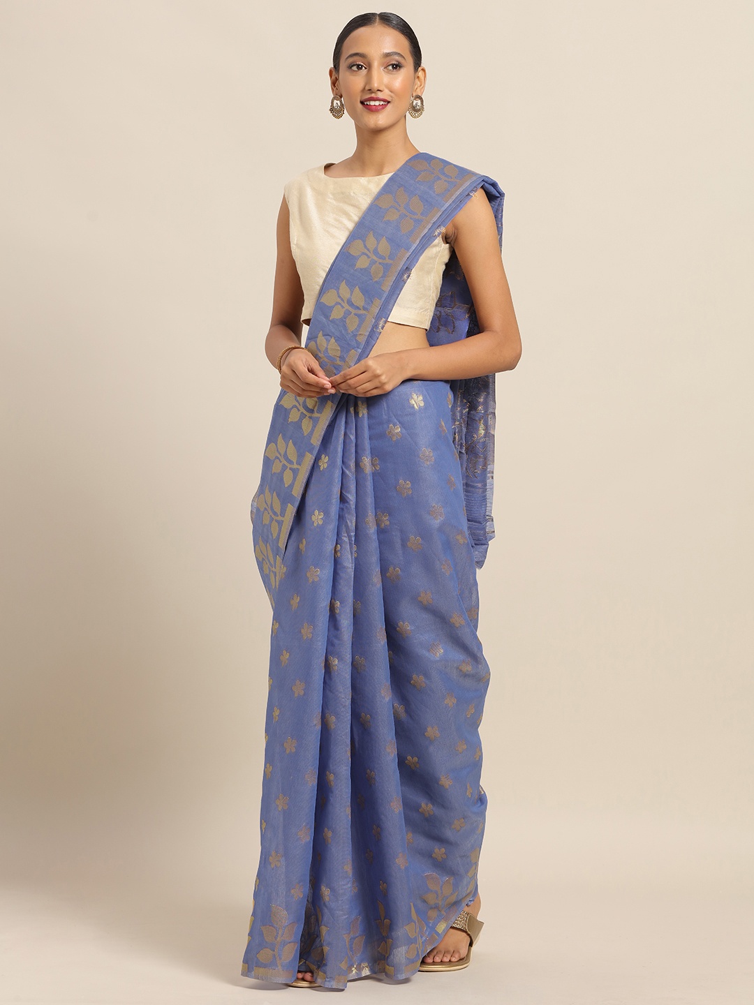 

VASTRANAND Blue & Gold-Toned Silk Cotton Woven Design Jamdani Saree