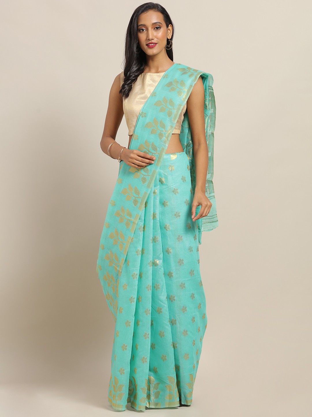 

VASTRANAND Sea Green & Gold-Coloured Silk Cotton Printed Jamdani Saree