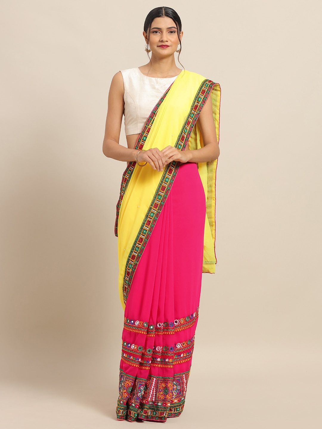 

VASTRANAND Pink Pure Georgette Embroidered Bandhani Saree
