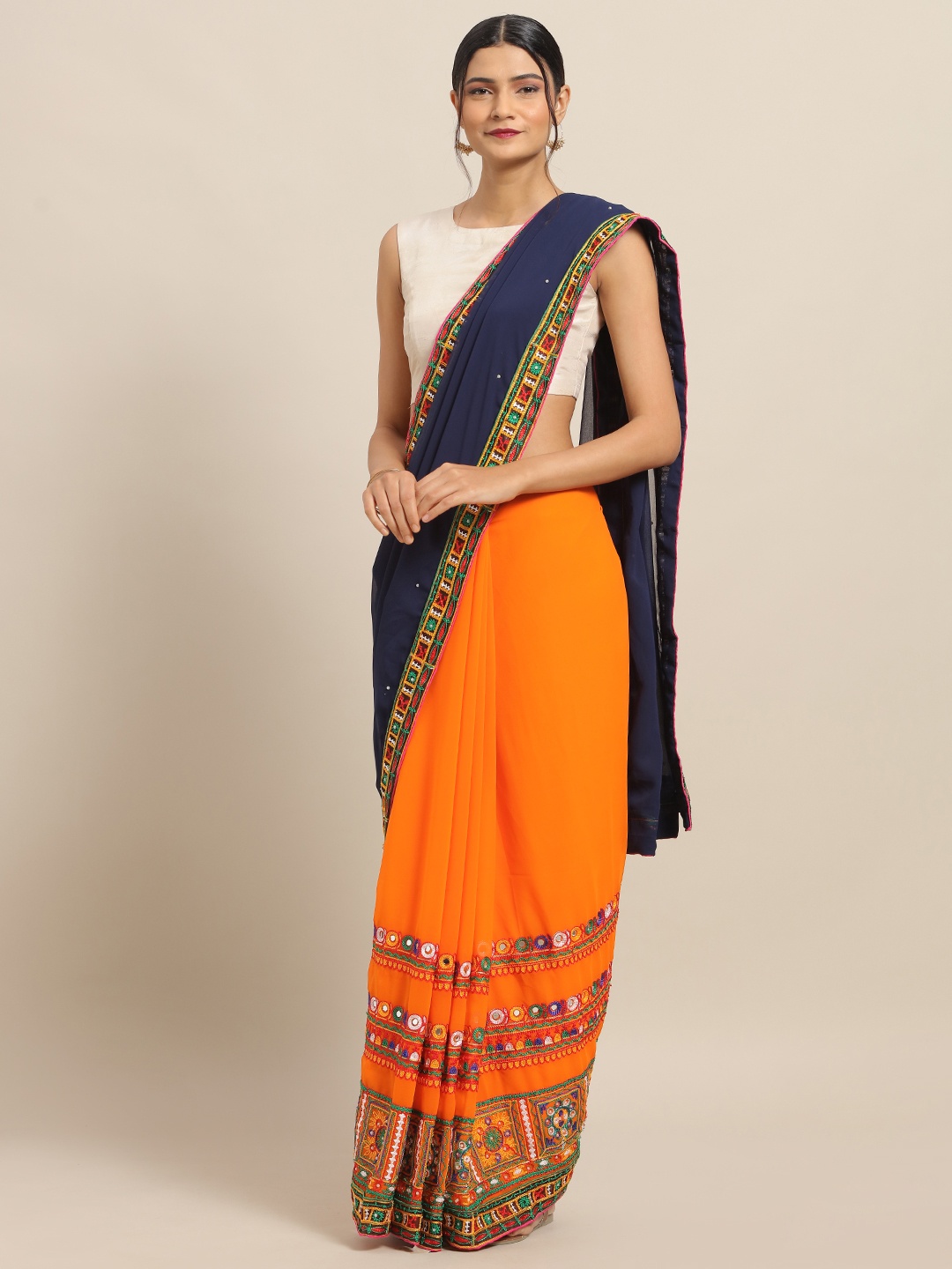 

VASTRANAND Orange Pure Georgette Embroidered Bandhani Saree