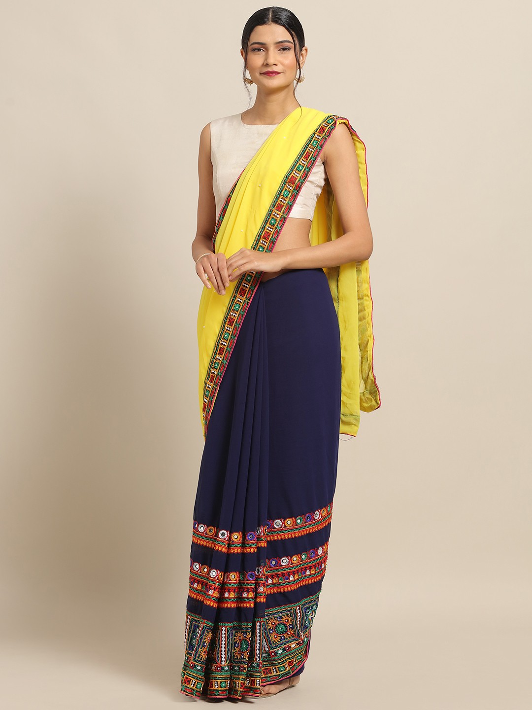 

VASTRANAND Navy Blue Pure Georgette Embroidered Bandhani Saree