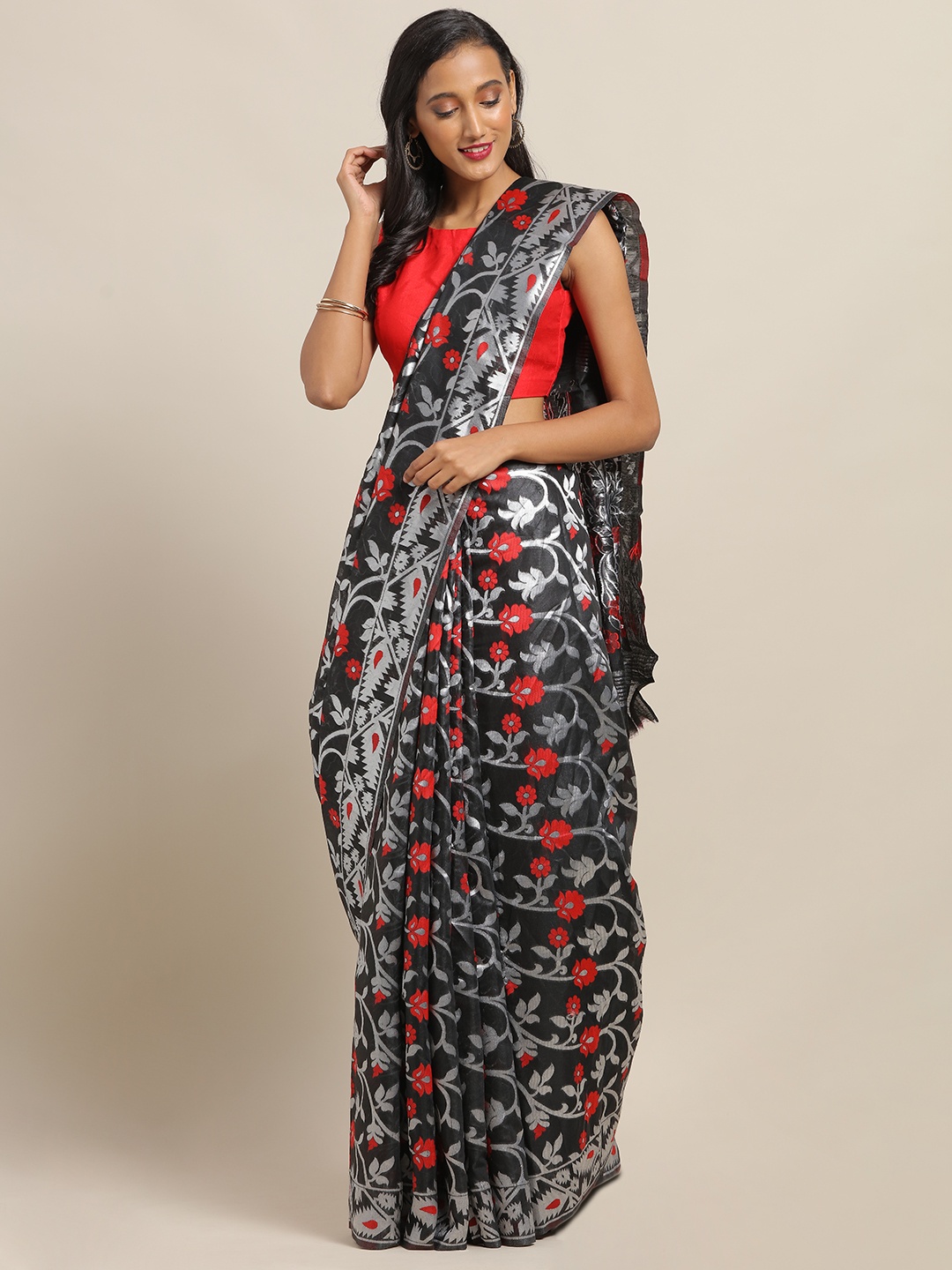 

VASTRANAND Black & Silver-Toned Silk Cotton Printed Jamdani Saree