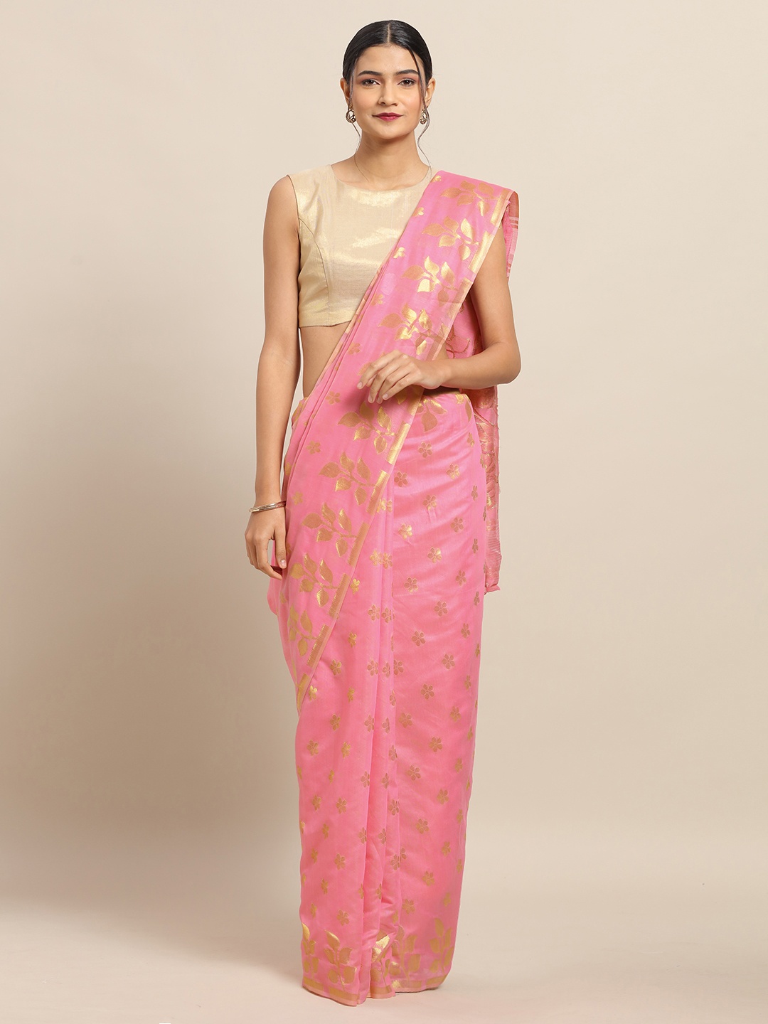 

VASTRANAND Pink & Gold-Toned Silk Cotton Woven Design Jamdani Saree