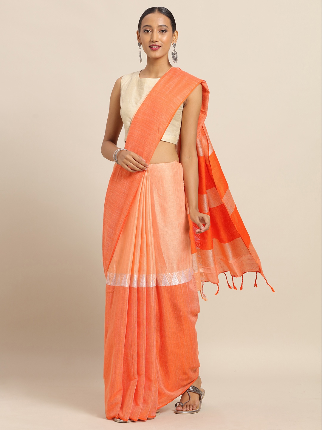 

VASTRANAND Orange Linen Blend Colourblocked Banarasi Saree