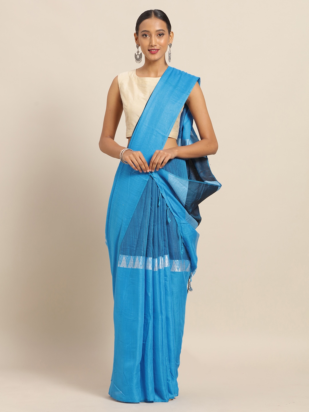 

VASTRANAND Blue Linen Blend Solid Banarasi Saree